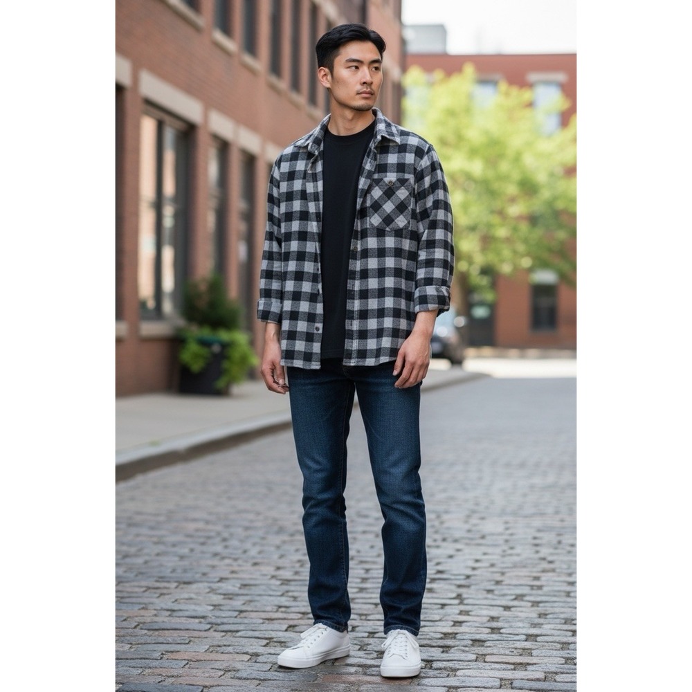 Vermont Flannel Company Mens Med Buffalo Plaid Shirt Black Gray Button USA EUC